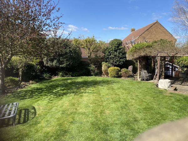 Mature garden after a maintenance visit, with the lawn mown and borders tidied around a pergola