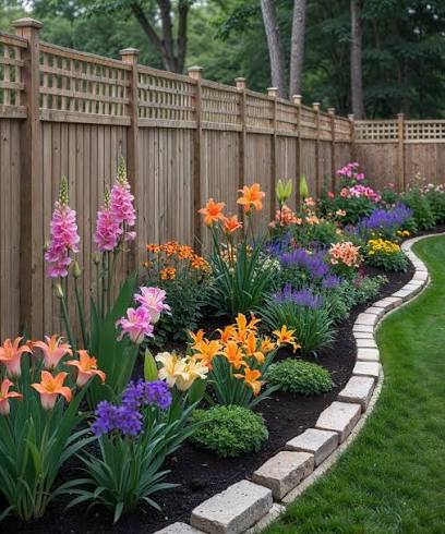 Curved planted border edged with stone setts against a timber fence, filled with lilies, gladioli and salvia